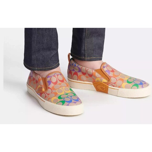 Coach Skate Slip On Sneaker Men's 10.5 Rainbow Signature Canvas 'C' logo Low-Top - Picture 1 of 7